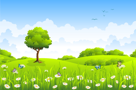 Summer landscape with flowers and butterfliesのイラスト素材