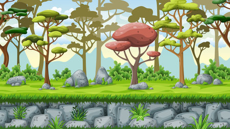 Seamless nature cartoon background, vector illustration with separate layersのイラスト素材