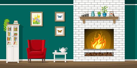 Illustration of interior equipment of a living room with fireplaceのイラスト素材