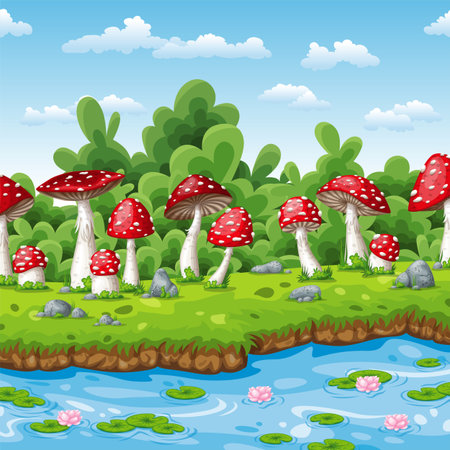 Landscape of some fly mushrooms and waterのイラスト素材