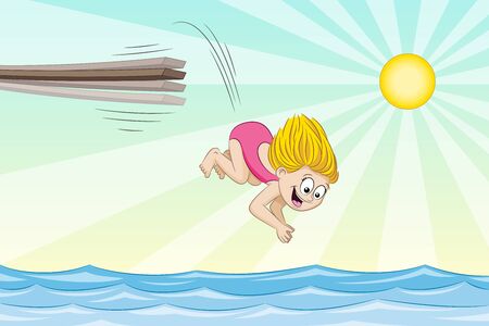 Little girl is jumping from a jumpboard into the water.のイラスト素材