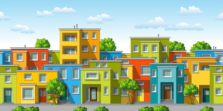 Illustration of colorful modern family house with trees, seamlessのイラスト素材