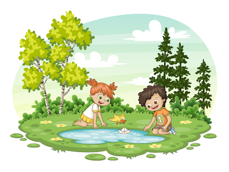 Two children playing with a boat in a lakeのイラスト素材