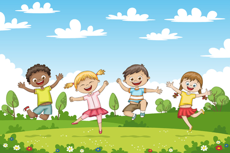 Happy jumping children. Funny cartoon character. のイラスト素材