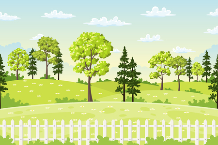 Sping landscape with trees, flowers and fenceのイラスト素材