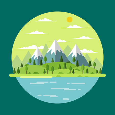 Summer landscape with trees and mountains, vector illustrationのイラスト素材
