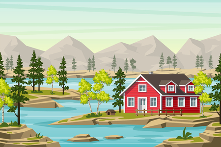 Summer landscape in the moutains, with trees, water and a red houseのイラスト素材