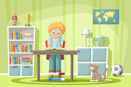 A boy is sitting at the table and reading a bookのイラスト素材