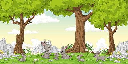 Funny cartoon rabbits and trees, hand draw illustrationのイラスト素材