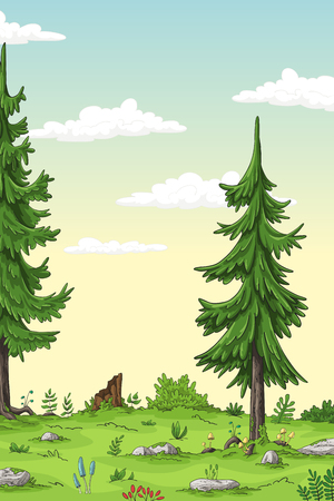 Cartoon summer landscape with trees, hand draw illustrationのイラスト素材