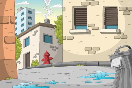 Cityscape with trees and dustbin, hand draw illustrationのイラスト素材