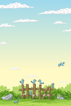 Cute cartoon birds on a fence in gardenのイラスト素材