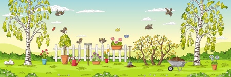 Panorama spring landscape with birds, flowers, trees and gardening tools.のイラスト素材