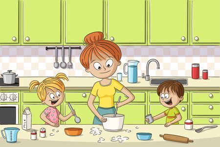 Mother is cooking with her two children. Hand drawn vector illustration.のイラスト素材
