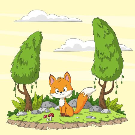 Cute cartoon fox in the forest. Hand drawn vector illustration.のイラスト素材
