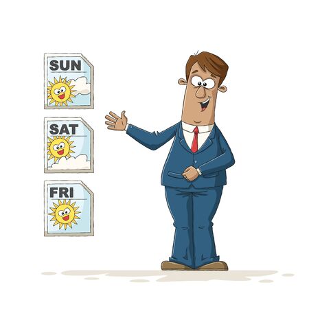 Metereologist at the weather forecast. Hand drawn vector illustration with separate layers.のイラスト素材