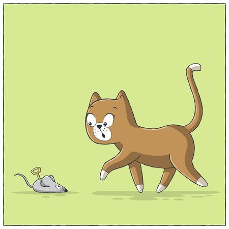 Cat finds toy mouse. Hand drawn vector illustration with separate layers.のイラスト素材