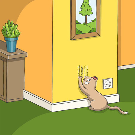 Cat scratches the wall. Hand drawn vector illustration with separate layers.のイラスト素材
