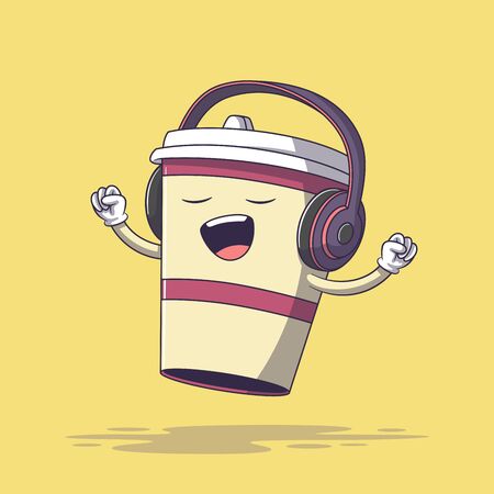 Coffe cup with headset. Hand drawn vector illustration with separate layers.のイラスト素材