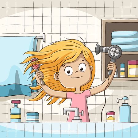 Girl blow dries her hair. Hand drawn vector illustration with separate layers.のイラスト素材