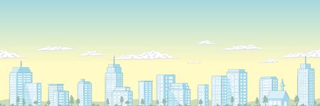 Summer cityscape panorama. Hand draw vector illustration with separate layers.のイラスト素材
