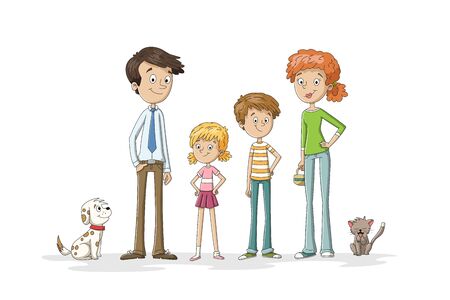 Funny cartoon family with pets. Hand drawn vector illustration with separate layers.のイラスト素材