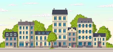 Cartoon cityscape panorama. Vector illustration with separate layers.のイラスト素材