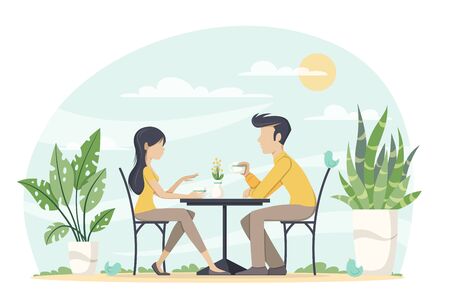 Man and woman drinking coffee outside. Modern flat concept for workspace, web, background and templates. Vector illustration with separate layers.のイラスト素材