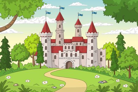 Castle in the forest. Hand drawn vector illustration with separate layers.のイラスト素材