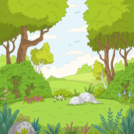 Summer garden landscape with bird. Hand drawn vector illustration with separate layers.のイラスト素材