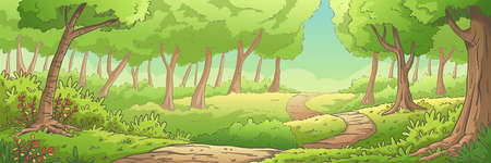 Summer forest landscape, panorama. Hand drawn vector illustration with separate layers.のイラスト素材