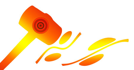 Abstract illustration, a large hammer strongly beats and deforms characters of percents. White background for a text.の写真素材