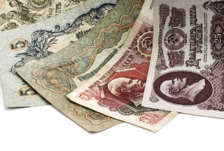 Old paper banknoty, located a fan on a white background. Russia.の写真素材