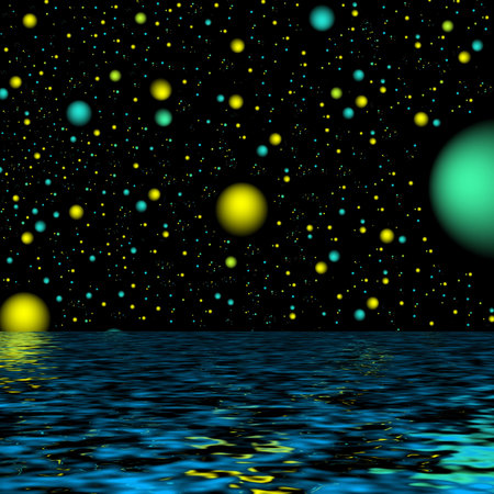 Dark night, the quiet surface of ocean, the celestial sphere, the fantastic view of distant planet.