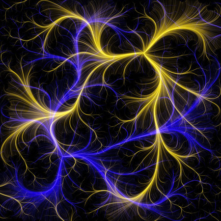 Abstract image, tender pattern from the thin dark-blue and yellow lines against the background of night. の写真素材