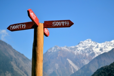 A signpost is pointing South, North, West and East.の写真素材