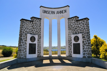 Monument for German immigrants in Chile near lake Llanquihue between Frutillar and Puerto Varas saying  for our ancestors  in German  Unsern Ahnen の写真素材