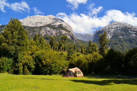 Basecamp for climbing and mountaineering in Cochamo national park, Patagonia, Chile near Torres del Paineの写真素材