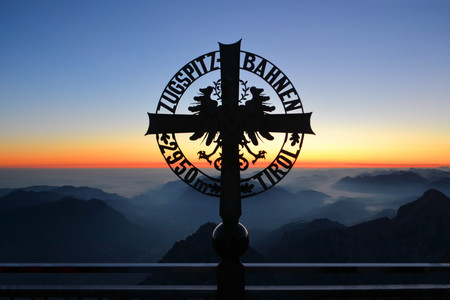 Zugspitze, the highest mountain in Germany at sunsetの写真素材