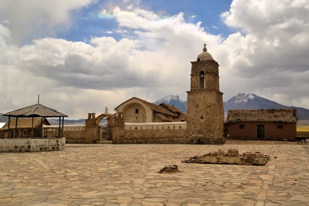 Picturesque old catholic stone church in Sajama national park in Boliviaの写真素材