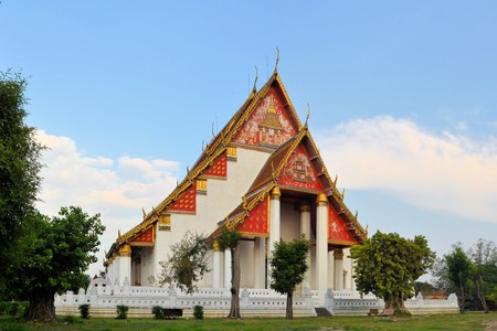 Thai temple Wihan Phramongkhon Bophit in former capital Ayutthaya, Thailandの写真素材