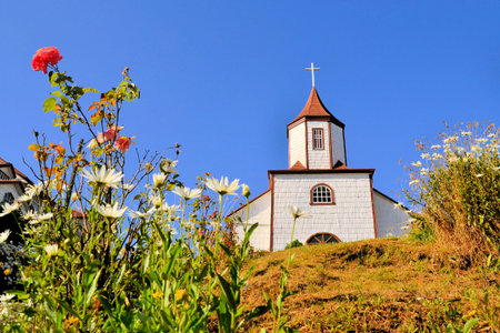 Historic wooden churches were built in the 17th century by Jesuit missionaries on the island of Chiloe in Chile.の写真素材