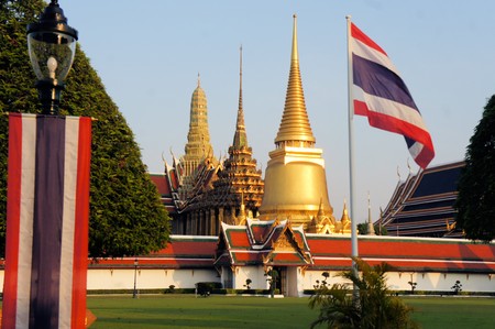 Wat Phra Kaew Royal temple of the emerald Buddha as seen from outside in Bangkok Thailandのeditorial素材