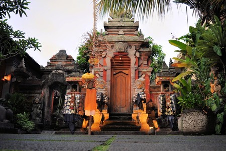 Lotus pond and Pura Saraswati temple in Ubud, Bali, Indonesia.のeditorial素材