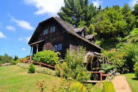Traditional water mill of German immigrants in the former German settlement Frutillar Lake District, Patagonia Southern Chile.のeditorial素材