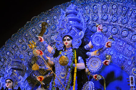 Kolkata, India - 9 October 2013:  An idol of revered goddess Durga standing in an unidentified...