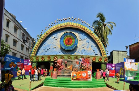 Kolkata, India - 9 October 2013:  An unidentified pandal in the city of Kolkata during Durga Puja festival. A pandal is a temporary temple, erected during the week long religious festival of Durga Puja, one of the most important festivals in all of India.のeditorial素材