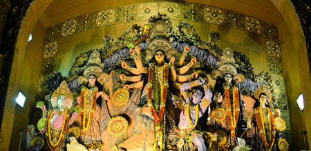 Kolkata, India - 10 October 2013:  An idol of revered goddess Durga standing in an unidentified...