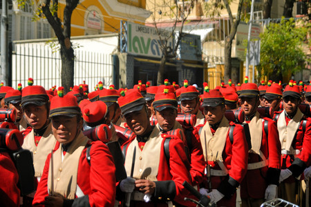 La Paz, Bolivia - 23 March 2013: Rows of soldiers march in a military parade for dia del mar in La Paz capitol Bolivia. Die del Mar is celebrated annualy on the day Bolivia lost the Litoral province to Chile and therefore sea access in the war of the paciのeditorial素材