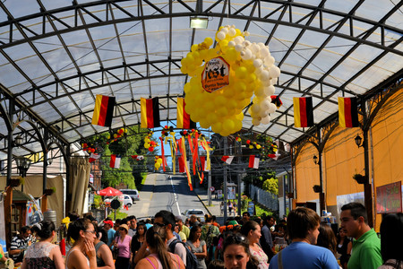 Puerto Varas, Chile - 18 January 2013: Beer tent decorated for Prosit fest, an Octoberfest style German festival in a beer tent in Puerto Varas. Descendants of German settlers are still practising their traditions in Southern Chile around lake Llanquihue,のeditorial素材